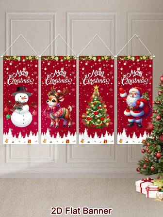 4 件红色圣诞吊旗、圣诞老人圣诞树图案吊旗、涤纶门旗和庭院旗、2025 年圣诞快乐家居装饰礼物、圣诞装饰、冬季节日季节性户外和室内装饰