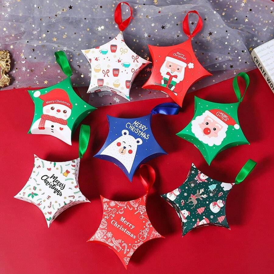 8 Peças Caixas de Doces Criativas de Natal, Caixas de Doces em Forma de Estrela de Natal, Mini Embalagem de Doces de Natal, Natal, Suprimentos para Festa de Natal, Decorações de Natal, Fantasias de Natal