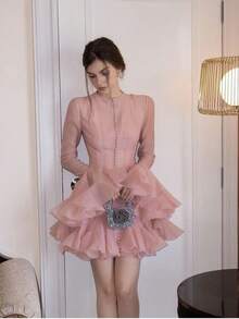 Aveloria Rosie French Luxe High-End Elegant Lady Design With Flounced Hem & Bell Sleeves, Textured Fabric Women Short Dress - Hồng - Xem 6