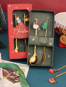 2pcs/Set Cute Christmas Spoon + Christmas Fork - Santa Claus Figurine Spoon + Fork Set - Cartoon Adorable Christmas Gift Set