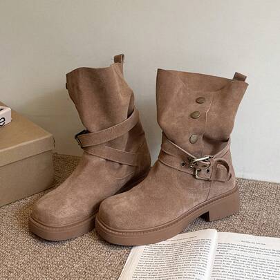 Retro Versatile Maillard Boots 2025 Autumn And Winter Thick-Soled Two-Wear Belt Mid-Calf Boots High-End  Boots Short Boots