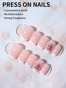 24片短款椭圆形3D凝胶美甲贴纸，花朵美甲设计，法式亚克力按压式美甲贴片，短款完美贴合，包含：1片果冻凝胶和1个指甲锉。易于佩戴，适合夏季美甲、法式美甲、日常工作、派对等场合。美甲用品 - 彩色 - 查看 3