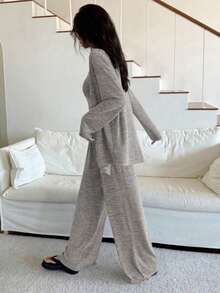 3pcs Soft Knit Fabric Coat, Camisole Top & Pants Homewear Lounge Set, Fall Clothes, Cozy Outfit