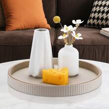 Plateau décoratif rond à rayures verticales avec bordure dorée, plateau en PU pour la décoration de table, la décoration de la maison, le rangement de bureau pour les bijoux, les parfums, les clés - Esthétique de luxe