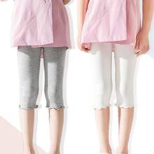 4 Pairs Summer Girls/Kids/Infants Ruffle Edge Capri Leggings, White/Gray/Black/Pink Solid Colors, Thin 3/4 Length Pants, Casual Cute Fashion, Soft & Comfortable Bottoms, Suitable For Daily Wear, Can Be Paired With Tops Or Skirts