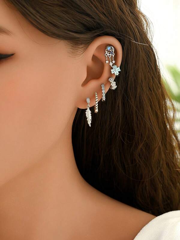 1 Set Of 6pcs Elegant Zirconia Stud Earrings, Suitable For Daily, Party, Holiday, Date Or Wedding
