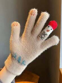 1pc Korean Style Touch Screen Gloves, Cute Thermal Lined Thick Winter Gloves For Women, Windproof Warm Five Finger Gloves For Men