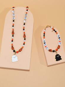 2pcs/Set Halloween Fashionable Cartoon Ghost Pendant Beaded Necklace And Bracelet, Designed For Girls, Halloween Accessory Gift - one-size - View 3