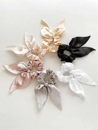 6/2/1 件蝴蝶结发圈，适合女士女孩，秋冬日常优雅可爱别致发饰，适合办公室学校、约会派对，防滑厚实无结发圈礼品套装，柔软无损伤兔耳发圈，马尾辫夹，米色、黑色、白色、粉色