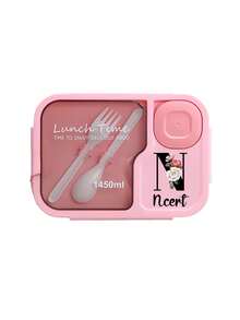 1 pieza Caja de almuerzo de gran capacidad con nombre personalizado, Caja de almuerzo para adultos de 1450ml, de tres compartimentos, a prueba de fugas, impresa con flores rojas e iniciales negras de la A a la Z, Caja de almuerzo personalizada, con cubiertos incorporados y compartimento separado para salsa