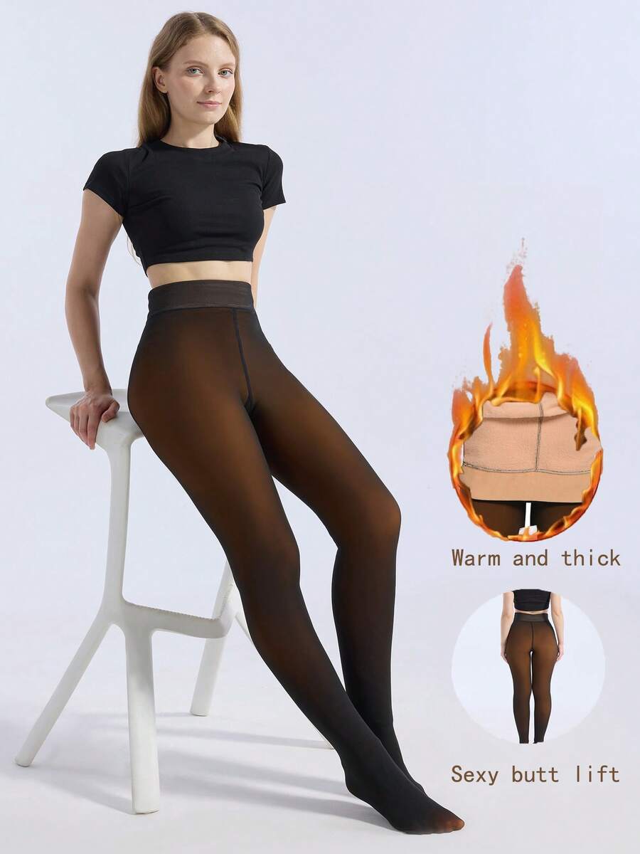 Elegant Women's Winter Fleece Socks. Weighing 200 Grams, Made Of Elastic Fleece Fabric, High-Waisted Design, Extra Thick For Warmth. - 黑透焦糖 - 查看 1