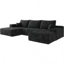 Oversized U Shaped Modular Sectional Sofa Cloud Couch With Chaise Lounge And Movable Ottoman, Fluffy Corduroy Upholstered Boneless Sofa Deep Seat Couches W/Pillows - Đen 135,4" - Xem 6