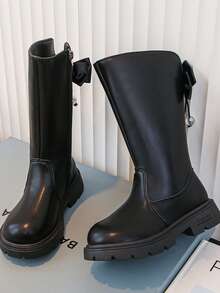 1 Pair Extra Large Black Bow & Colorful Crystal Pendant Decorated Princess Boots, Solid Color Elegant & Fashionable Mid-Calf Boots, Side Zipper Design For Easy On/Off, Thermal Lined For Warmth, Thick Sole For Durable Wear, Suitable For Princess Dresses Or Casual Pants, Fit For Children & Teenage Girls, Autumn/Winter