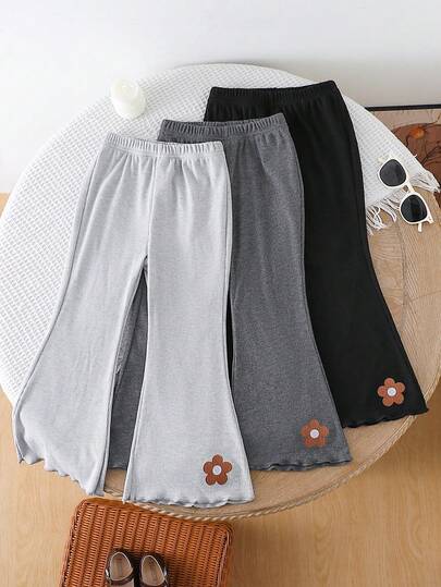 3 piezas Leggings básicos acanalados con estampado floral y unicolor para niña, adecuados para uso diario casual, escuela, exterior, primavera y otoño