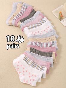10 Pairs Cute Striped Heart Print Kids Mid-Calf Socks, Suitable For Daily Wear And Outdoor Activities. Pink And Multi-Color Toddler Socks, Soft And Comfortable, Casual And Versatile, Essential For Girls, Great Gift. - Multicolor - View 4