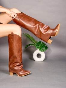 Botas altas para mujer de piel sintética, punta afilada, sin cordones, tacón medio, estilo vaquero vintage para fiestas y calle - Camel - Ver 1