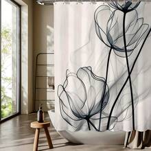 1pc Abstract Art Flower Pattern Shower Curtain - Black & White Digital Print, Machine Washable Polyester Fabric With Hooks, Reversible All-Season Bathroom Decor For Home, Modern Bathroom Decor, Elegant Design, Easy Maintenance, Stylish Homeowners