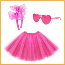 3pcs 80s Single Party Solid Neon Green, Pink Lace Bow Headband, 40cm Tulle Skirt, Heart Shaped Glasses Costume Set, Fun Cosplay Party Outfit, Neon Sexy Accessories,Halloween