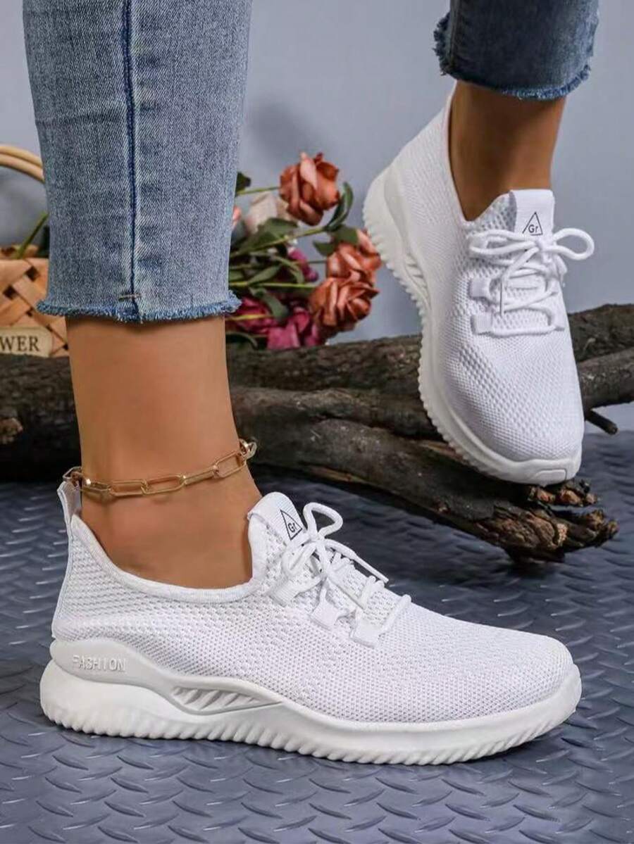 Women's Breathable Knit Slip- Shoes - Lightweight Low-Top Sneakers With Soft EVA/PVC Sole, All-Season Comfort For Walking, Jogging & Casual Wear - White, Ladies Sneakers, Round Toe Design, Cushioned Sole, Women - 白色 - 查看 1