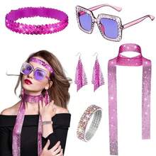 6pcs/Set 70s Disco Glitter Women's Shiny Scarf, Sunglasses, Bracelet, Headband Accessory Set, Costume Party Supplies, Fashion Stylish Basic Stage Outfit Halloween Costume