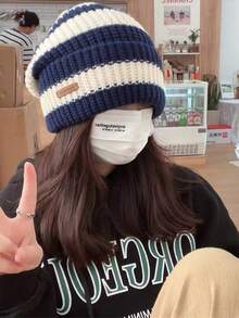 新款宽松条纹针织帽大头围复古日系保暖冬帽针织帽修身时尚休闲涤纶刺绣秋冬 - 帽子 - 查看 4