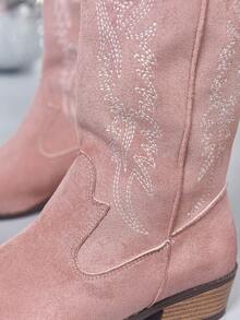 Fall/Winter 2025 New Women's Embroidered Leather White Western Boots, Pointed Toe Chunky Heel Mid-Calf Boots, Outdoor Casual Fashion Boots,Cowboy Boots - Pink - View 5