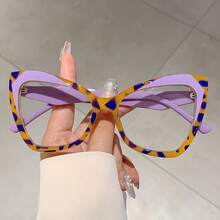 1 Pair Of Women's New Full Frame Cat Eye Shaped Non-Prescription Glasses Fashion  Frame Color Block Design Retro Simple Black Glasses For Daily Decoration - 卡其色豹紋 - 查看 5