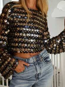 Womens Long Sleeve Sequined Tops Loose Fit Stylish Sparkly Crew Neck Long Flared Sleeve T-Shirt