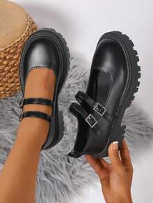 1 Paar Damen Schwarze Lederschuhe, modische vielseitige Ballerinas mit Doppelschnalle, weiche rutschfeste Sohle, passend zu Kleidern