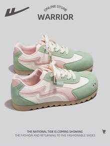 WARRIOR 1 đôi giày thể thao nữ thoáng khí, giày sneaker da tối giản cổ thấp đa năng để mang hàng ngày. - Màu be/Xanh lá/Hồng - Xem 4