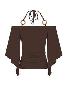 Women Ruched Halter Neck Tops Slim Beaded Short Flutter Sleeve Shirts  Summer Fall Streetwear - Brown - View 6