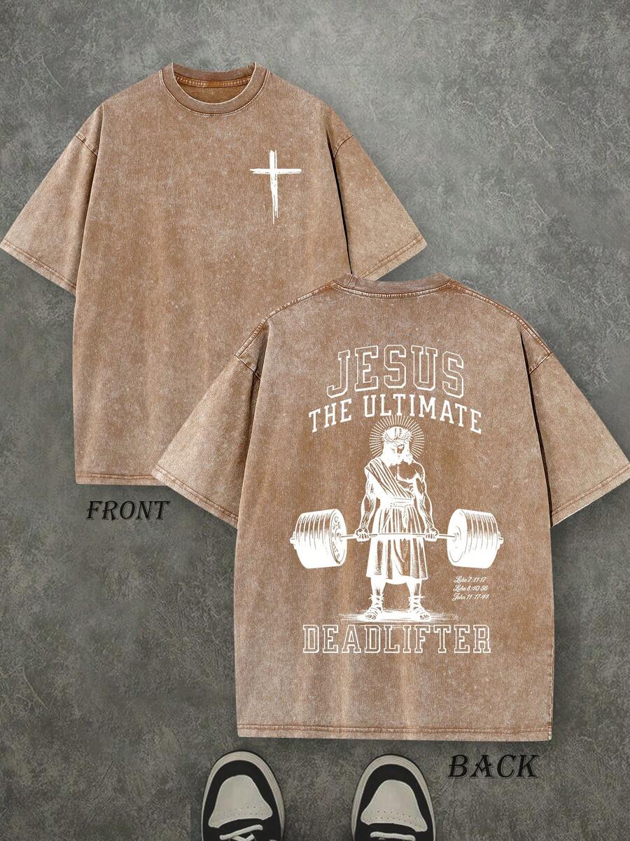 Retro Washed T-Shirt Double Sided Printed (230 Pure Cotton T-Shirt) 'JESUS THE ULTIMATE DEADLIFTER'  Letter Print, Christian Gift, Men's T-Shirt, Men's Casual, Comfortable, Fashionable T-Shirt, Street Style Cotton - 咖啡棕 - 查看 1