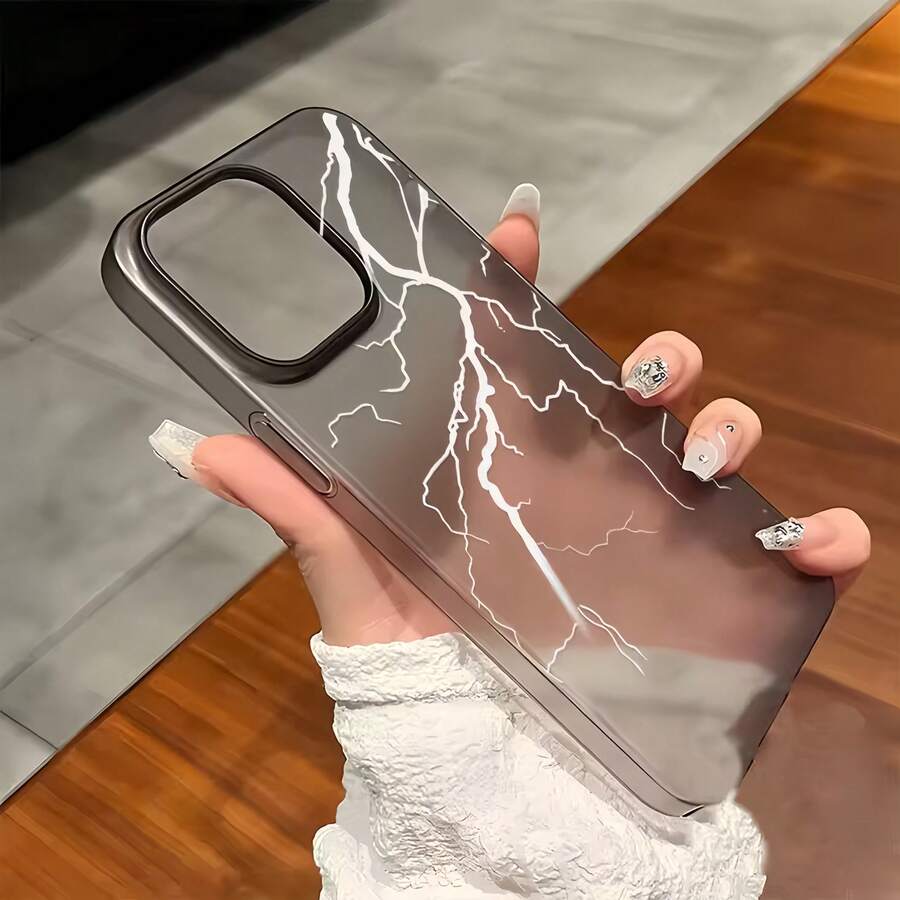 1pc White Lightning Graphic Pattern Matte Transparent Black Full Coverage TPU Shockproof Phone Case Compatible With IPhone 16 15 14 13 12 11 Pro Max - Multicolor - View 1
