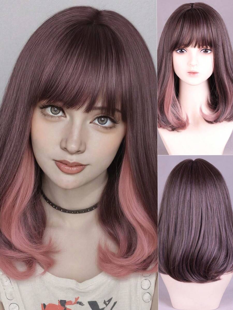 粉棕色波浪长刘海假发 14 英寸 Lob 发型设计派对风格日常佩戴假发女士 - 彩色 - 查看 1