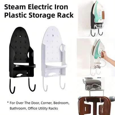 Aimall Wall Mount Iron Board Hanger And Ironing Board Storage Organizer Shelf With Removable Hooks For Household Bathroom Laundry Room (White,Black)