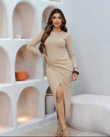 Long Sleeve Midi Dress - 米色 - 查看 1