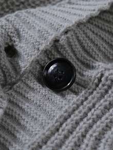 女士休闲宽松纯色V领口袋针织开衫 - 灰色 - 查看 5