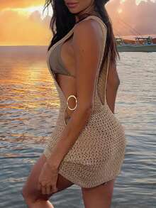 女士镂空无袖休闲透视紧身迷你连衣裙，露背设计