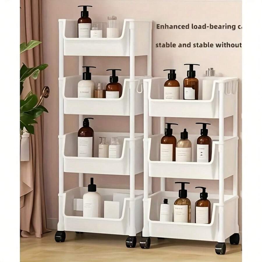 1 Multi-Layer Storage Rack, Multi-Layer Storage Trolley, Non-Electric, Mobile Storage Rack With Wheels, 3/5 Layers, White/Macaron Color Trolley Rack, Suitable For Living Room, Bedroom Dormitory Book Storage Rack, Bedside Trolley, Utility Trolley, Book Trolley, Roller Trolley, Kitchen Storage Box, Diaper Trolley, Bathroom Storage Box - 白色 - 查看 1