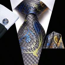 Paisley Grey Necktie Mens Tie Handkerchief Cufflinks Set Wedding Formal 3PCS - Xám - Xem 2