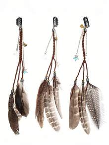 3pcs Feather Hair Clips Bohemian Feather Headdress Braided Beaded Headdress Holiday Hair Accessories - Ba màu - Xem 6