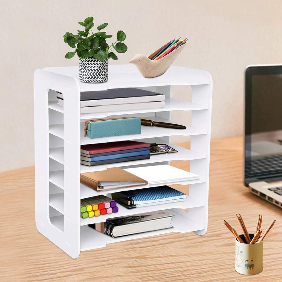 Organiseur de bureau à 7 niveaux, organiseur de bureau blanc, bac à courrier et trieur de papier, support de rangement pour documents, cahiers, maison, bureau, école, salle de classe - Blanc - Voir 1