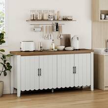 ONBRILL 63 Inch Sideboard Buffet Cabinet, Farmhouse Buffet Cabinet With 4 Wave Panel Doors & Adjustable Shelves, Storage Cabinet, Large Credenza Sideboard For Living Room, Kitchen, White - 白色 - 查看 2