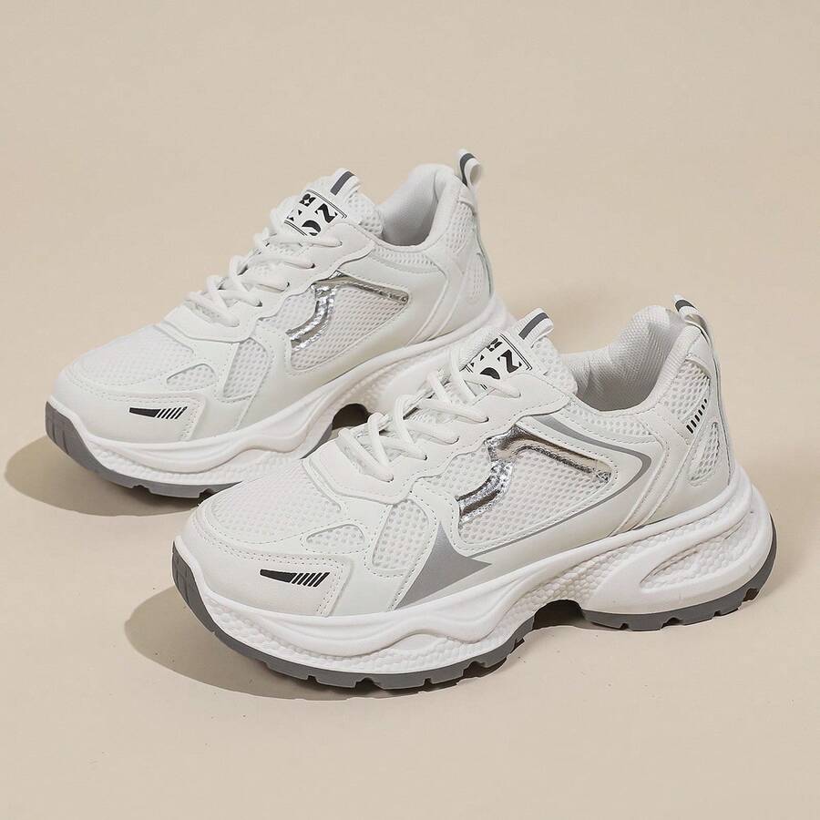 女士新款厚底运动鞋，轻便休闲鞋，小白鞋，网球鞋，百搭跑鞋，可爱时尚轻便厚底运动鞋 - 白色 - 查看 1