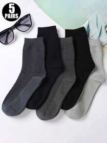 5 雙/包 男款大尺碼竹纖維中筒襪,透氣休閒商務襪黑色