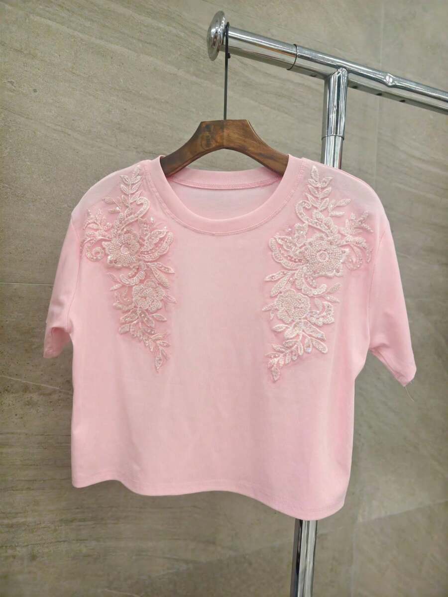 Max Cropped Embroidered Rhinestone Shiny Imported Women's Fashion SD1613 - 粉紅色的 - 查看 1