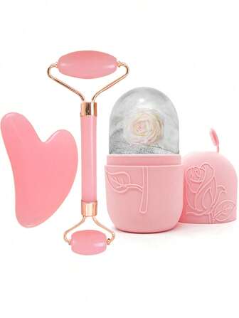 3 Piezas Rodillo Facial de Hielo - Juego de Rodillo Facial de Hielo para el Cuidado de la Piel, Herramienta de Masaje Facial, Rodillo Facial de Silicona con Hielo, Rodillo de Hielo, Cuarzo Rosa con Masajeador Rodante y Placa Raspadora Gua, Para Alivio de Hinchazón Facial y Ocular, Contorno Facial y Mejora del Cuidado de la Piel y el Resplandor, Para Ojos, Cuello y Rostro, Molde de Rodillo Facial de Hielo - Herramienta de Cuidado de la Piel. Productos de Masaje de Hielo de Verano, Artículos de Oficina, Artículos Escolares, Artículos Esenciales de Viaje, Belleza, Productos de Cuidado de la Piel, Spa, Autocuidado, Herramientas de Cuidado de la Piel, Cuidado Facial, Suministros de Esteticista, Masaje, Herramienta de Masaje Facial, Rodillo Facial
