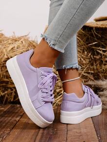 Zapatillas casuales de unicolor para mujer, ligeras y versátiles, con suela gruesa y cordones delanteros, ideales para estudiantes universitarios, aptas para todas las estaciones y perfectas para caminar a diario