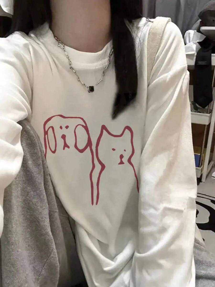 Women's Loose Fit Cartoon Print Long Sleeve Cotton T-Shirt, Versatile For Spring And Autumn