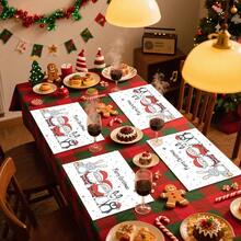 1set/4pcs/6pcs Christmas Cartoon Old Man And Penguin Pattern Placemats, Machine-Washable Rectangular Polyester Placemats, Table Protectors, Heat-Insulating Placemats, Restaurant Table Decorations, Party Supplies, Christmas Decorations, Can Be Given As Gifts